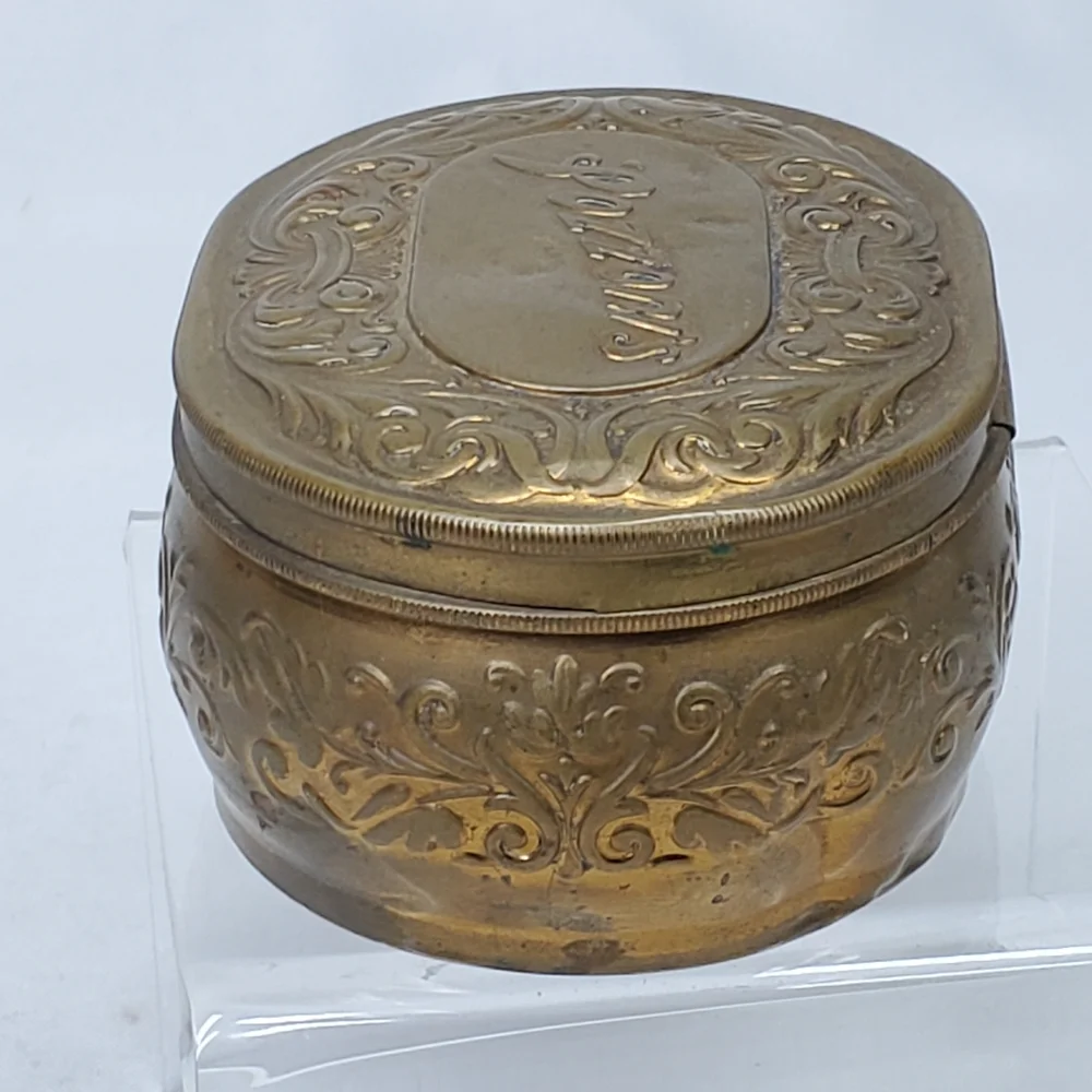 Antique Pozzoni's 1912 Brass Powder Puff Tin Box Embossed Lidded Trinket Dresser
